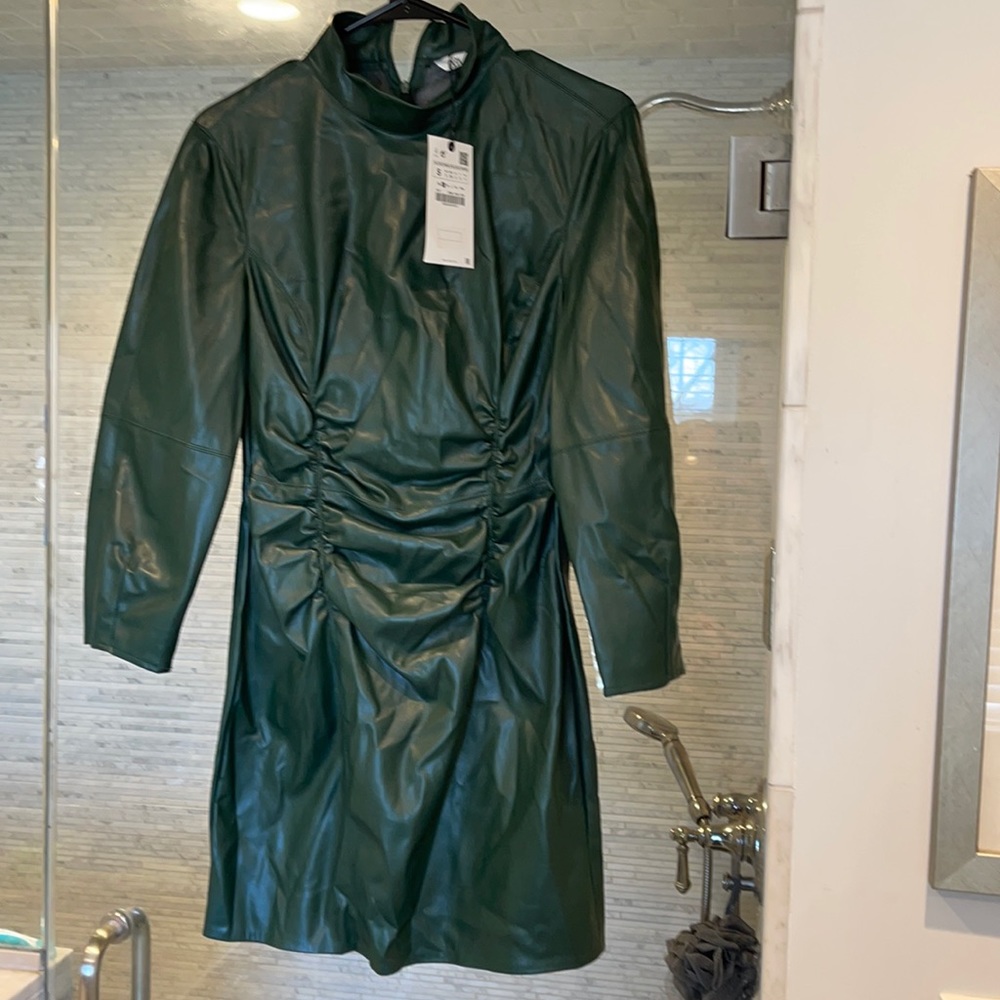 Zara faux leather green dress new